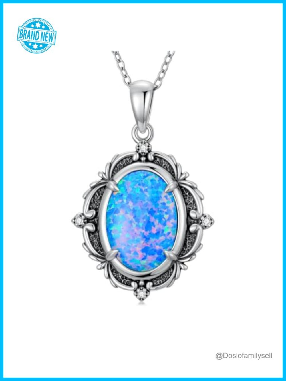 Blue Opal Pendant Necklace Sterling Silver Diamond Vintage